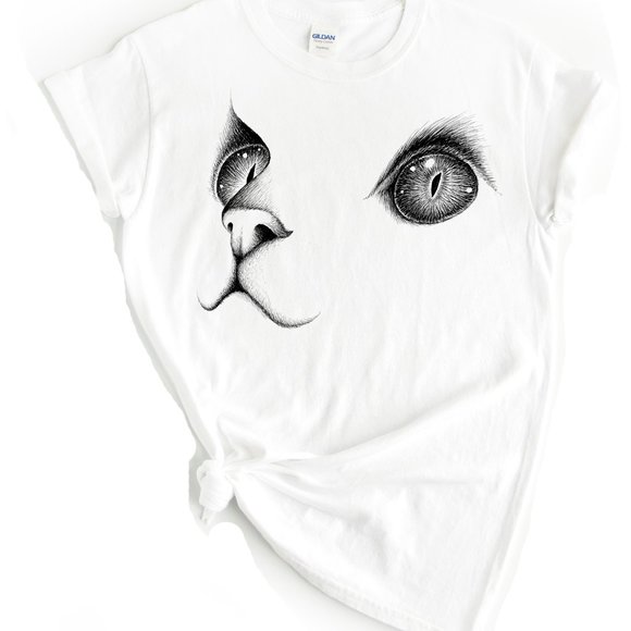 Women's Fashion Summer Casual Short Sleeve Round Neck Hand Drawn Cat Unisex Tee - Picture 3 of 7